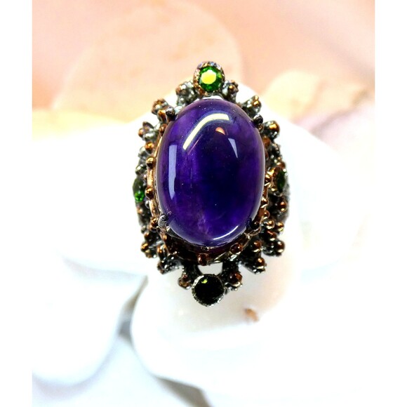 Amethyst-Chrome Diopside Sterling Silver Ring Sz 7.75 Botanical - Picture 2 of 6